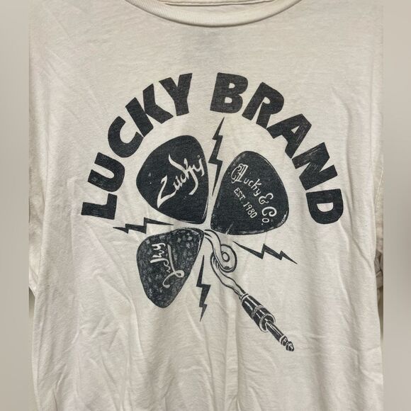 Lucky Brand Guitar Pick Amp Style White and Green Graphic Tee SZ L - Picture 2 of 5